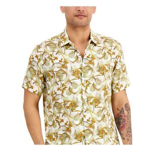 NWT INC Mens White Printed Short Sleeve Collarless Button Down Shirt XL